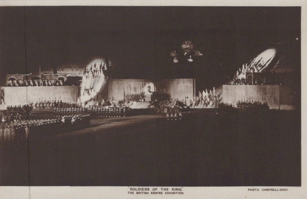 Vintage black and white photograph of a stage performance with 'Soldiers of the King' at the British Empire Exhibition.