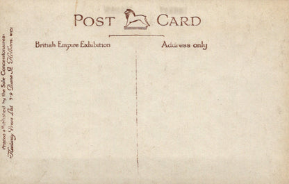 Vintage postcard with text and a logo on a beige background