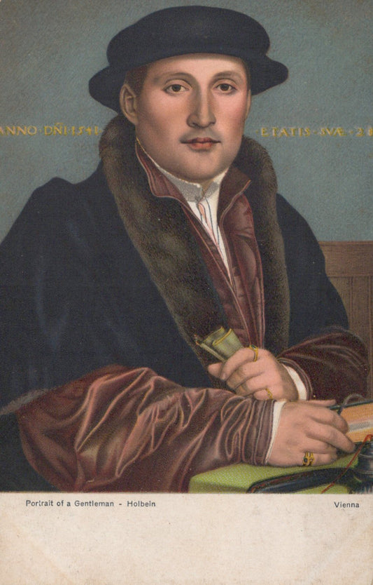 Portrait of a gentleman from the 16th century with text above his head, wearing a dark coat and hat.