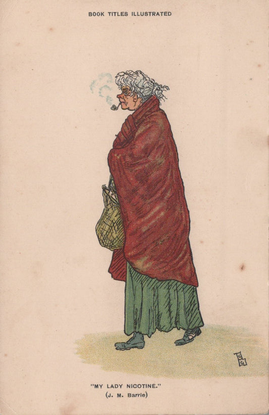 Cartoon of a woman wrapped in a red blanket with a green bag, smoking a cigarette, on a beige background.