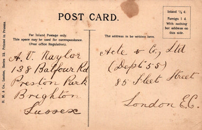 Vintage postcard with handwritten addresses on a light brown background