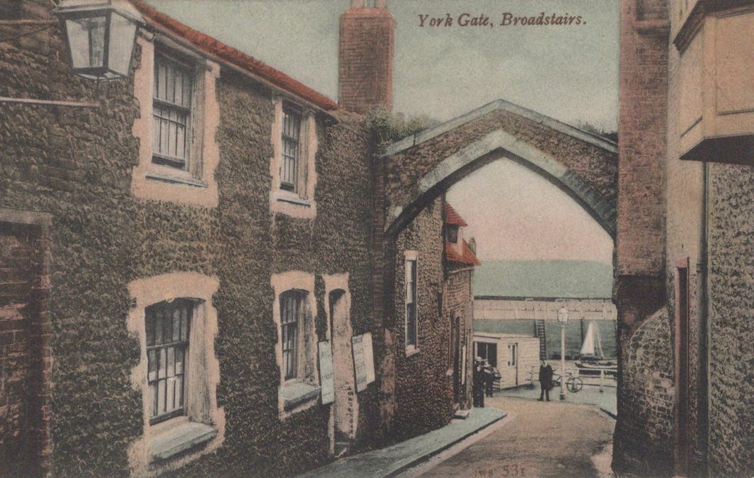 Vintage postcard of York Gate, Broadstairs with stone buildings and a small archway.
