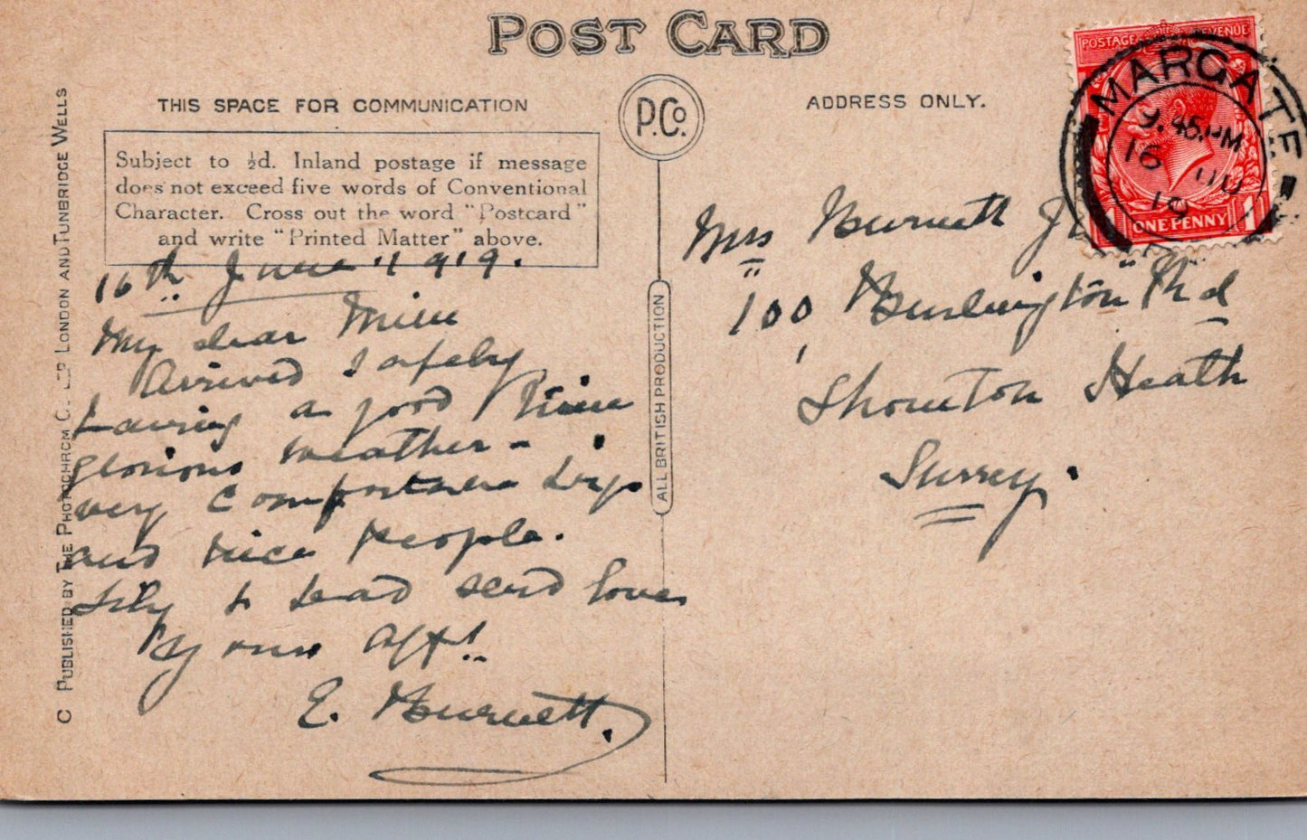 Vintage postcard with handwritten text and postage stamp, featuring a red cancel mark.