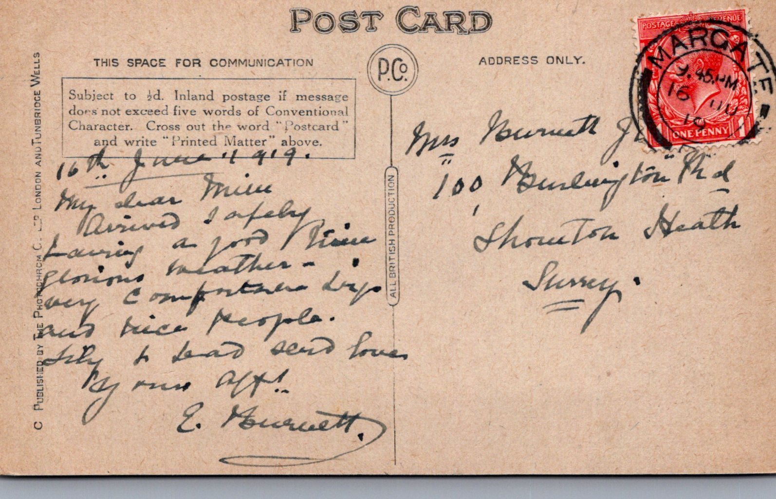 Vintage postcard with handwritten text and postage stamp, featuring a red cancel mark.