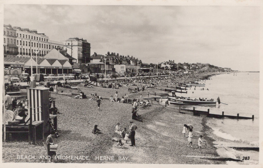 Vintage black and white photo of a beach and promenade in Herne Bay