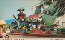 Load image into Gallery viewer, Vintage-style illustration of a large figure at Pleasure Beach, Great Yarmouth with colorful background
