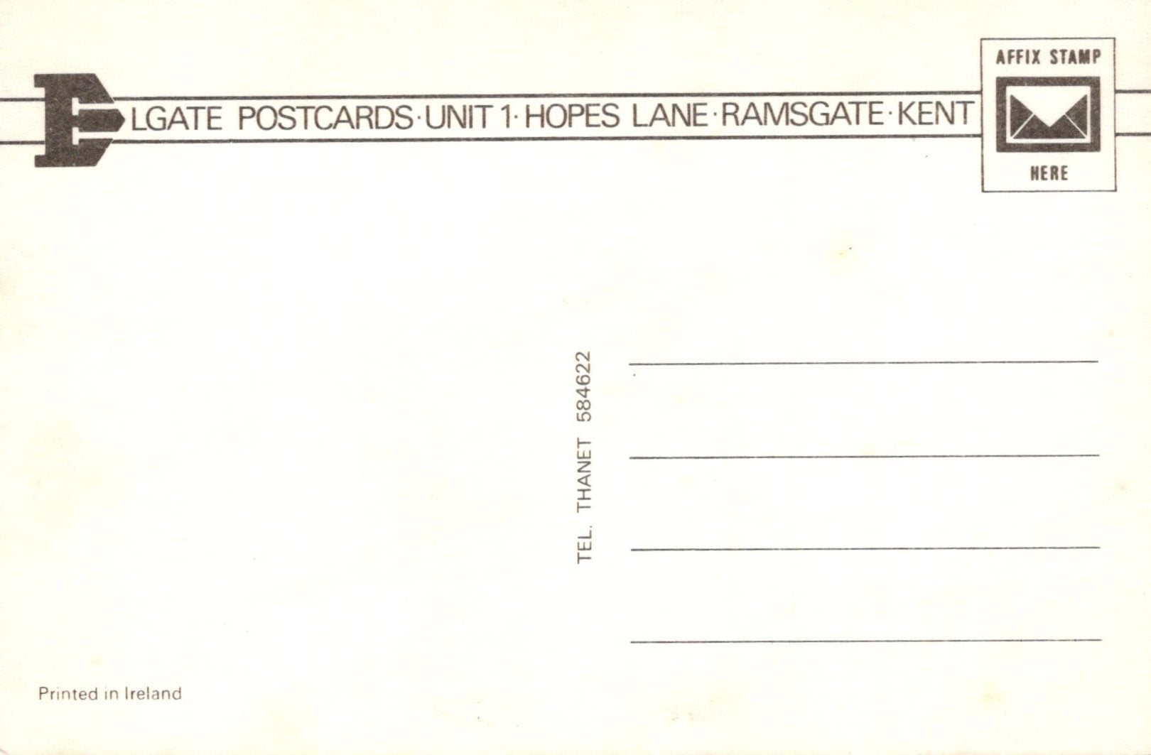 Back of a postcard with address information and branding