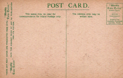 Vintage postcard with text and branding on a brown background