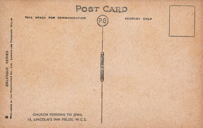 Vintage postcard with text and a stamp on a brown background