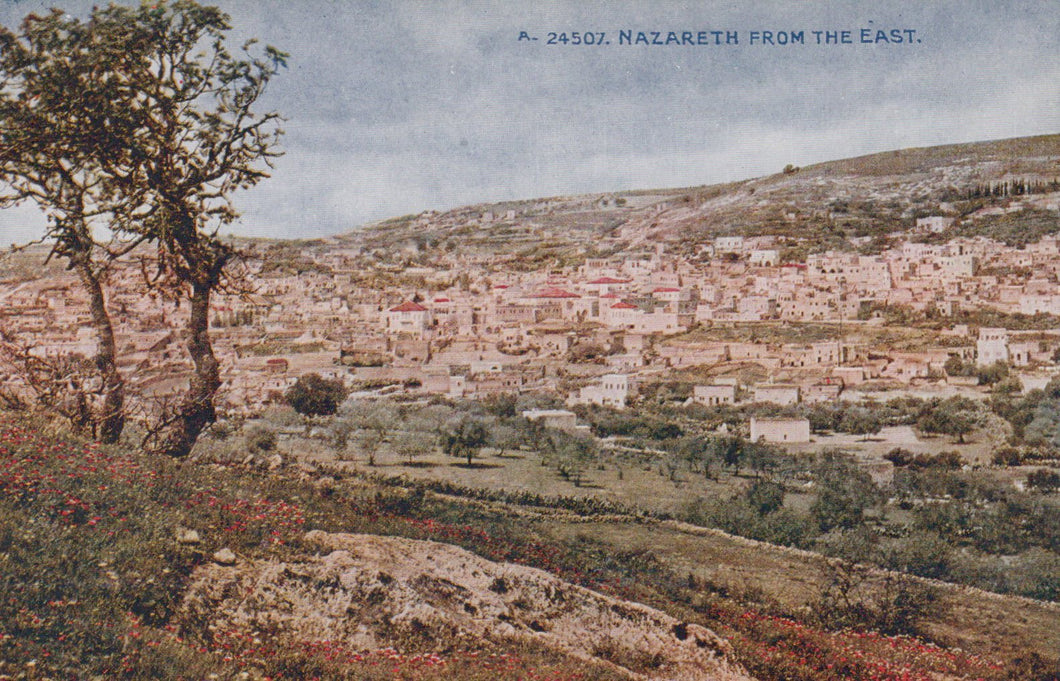 Village of Nazareth from the east with trees and open fields.