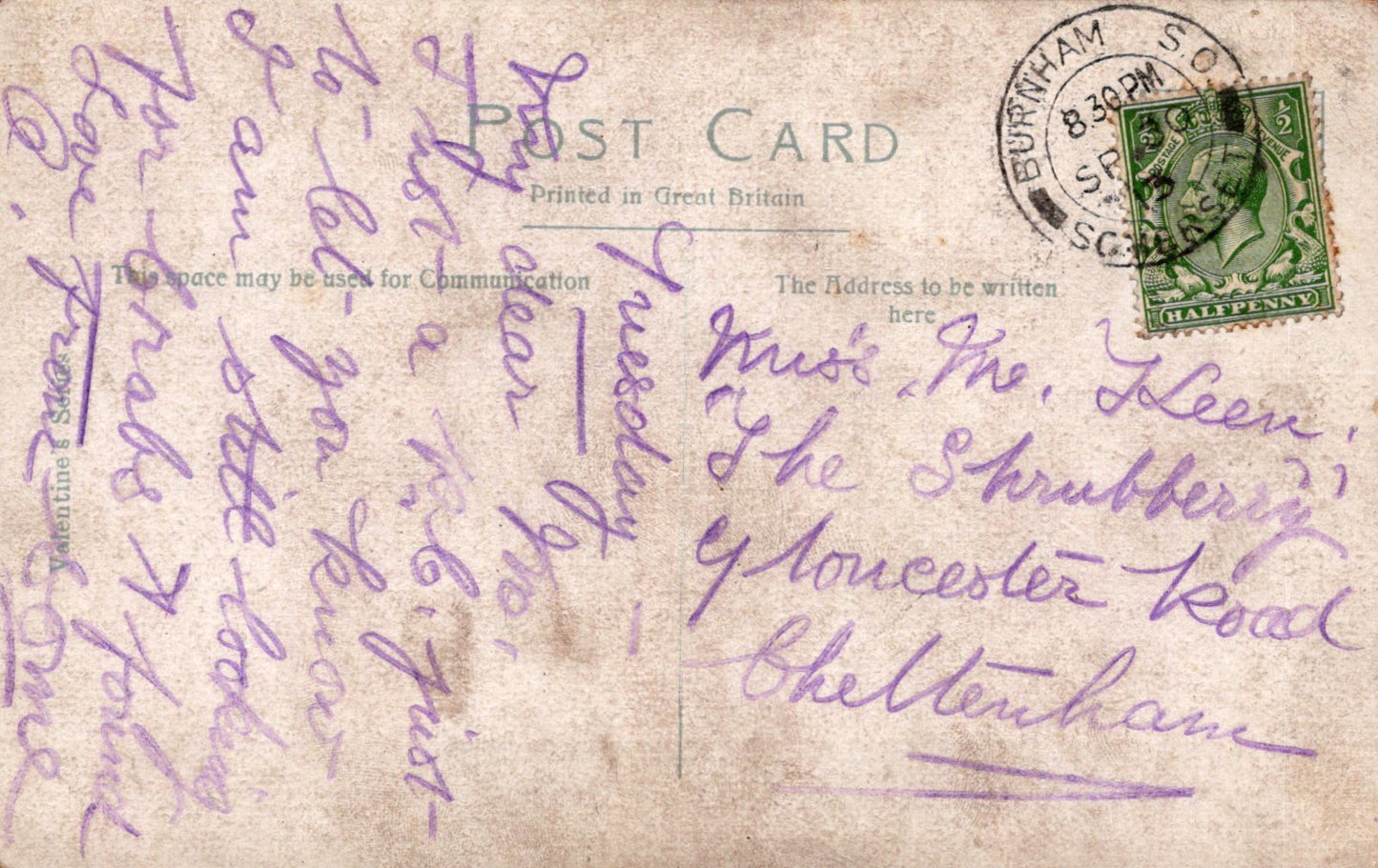 Vintage postcard with handwritten text and a stamp, featuring a green stamp on a beige background.