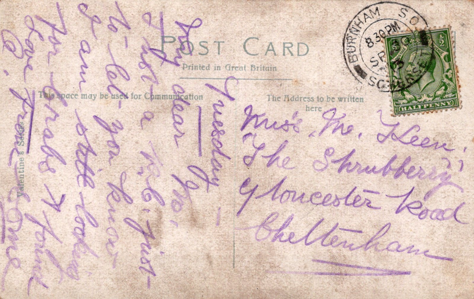 Vintage postcard with handwritten text and a stamp, featuring a green stamp on a beige background.