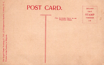 Vintage-style postcard with red text and design on a beige background