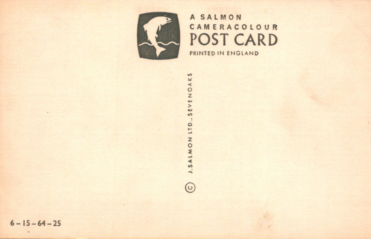 Vintage salmon cameracolour postcard with branding and text on a beige background