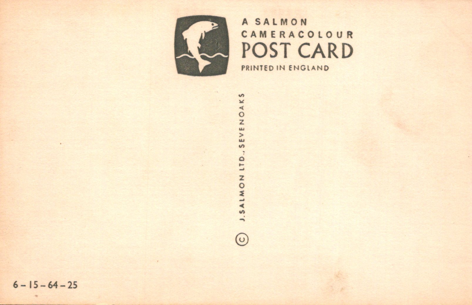 Vintage salmon cameracolour postcard with branding and text on a beige background
