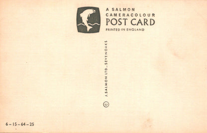 Vintage salmon cameracolour postcard with branding and text on a beige background