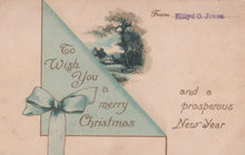 Load image into Gallery viewer, Vintage-style Christmas card with a blue ribbon and scenic illustration, featuring text wishing a merry Christmas and prosperous New Year.
