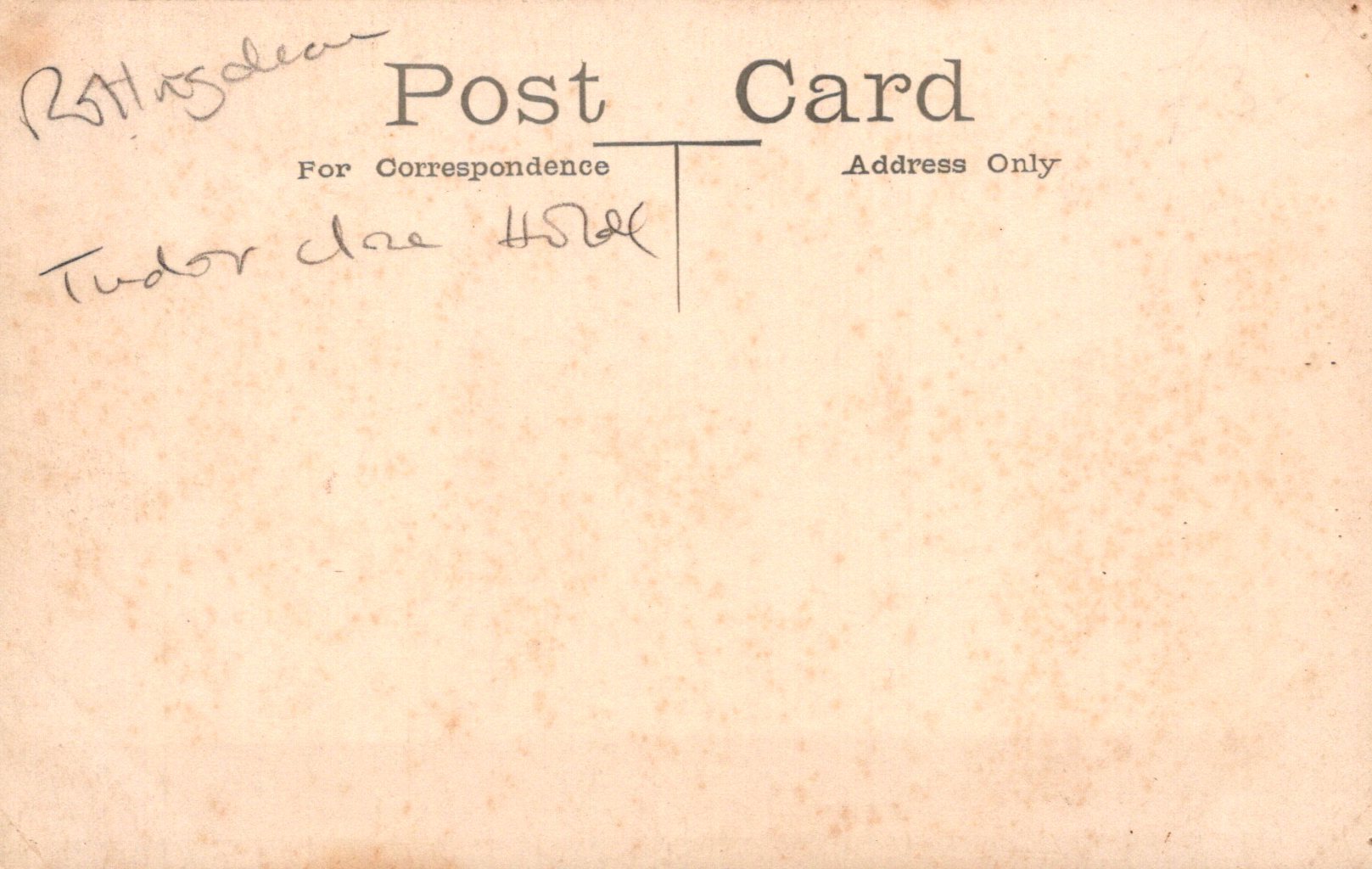 Vintage postcard with text and signature on a textured beige background
