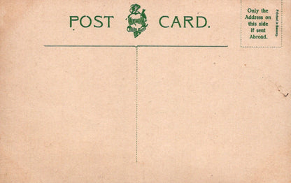 Vintage-style postcard with brown background and green text and design.