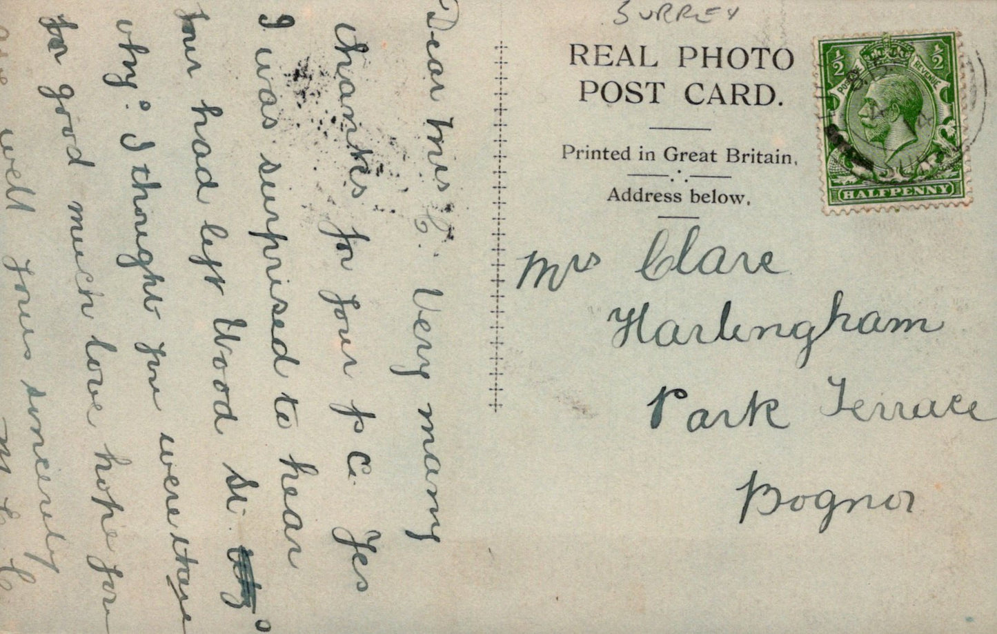 Vintage postcard with handwritten text and a stamp, printed in Great Britain.