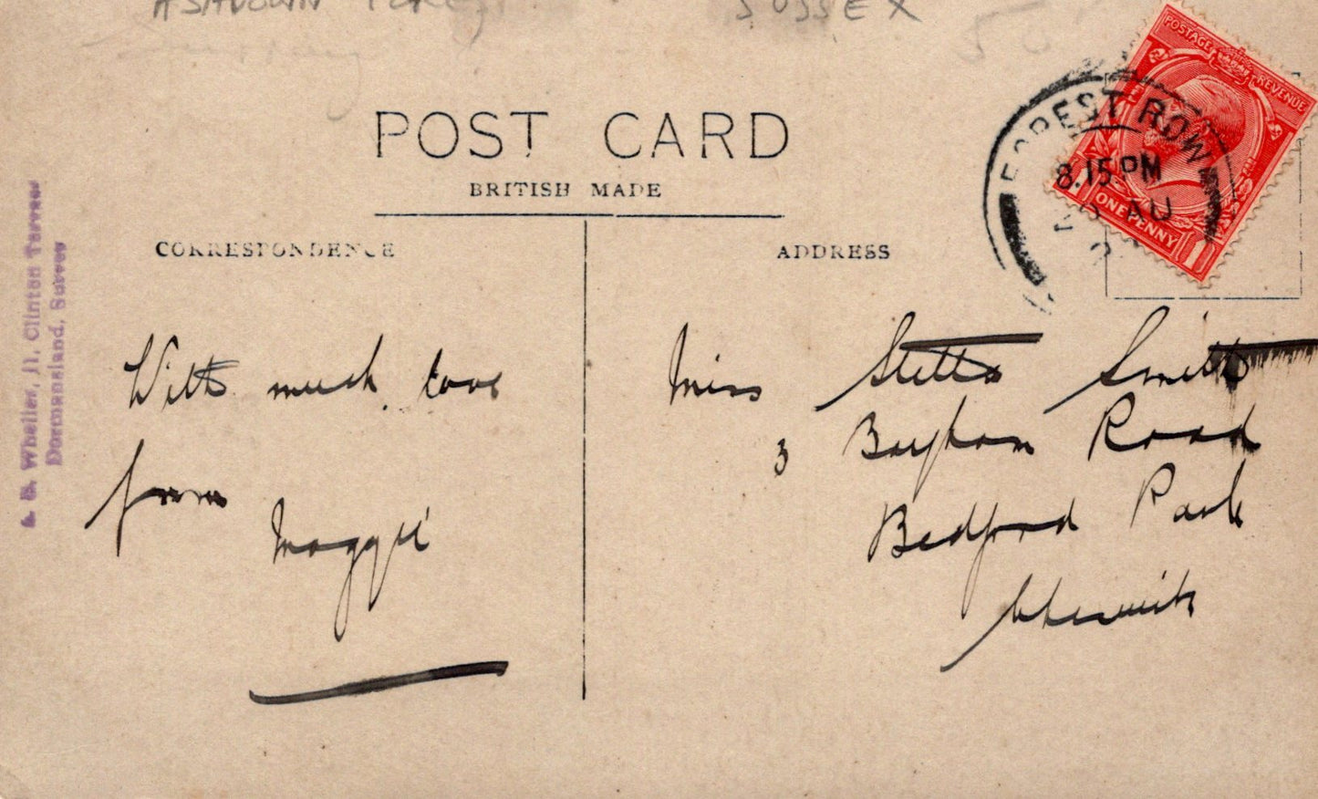 Vintage postcard with handwritten text and a red stamp on a brown background