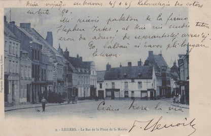 Vintage postcard of a street scene in Lillers with text overlay
