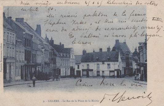 Vintage postcard of a street scene in Lillers with text overlay