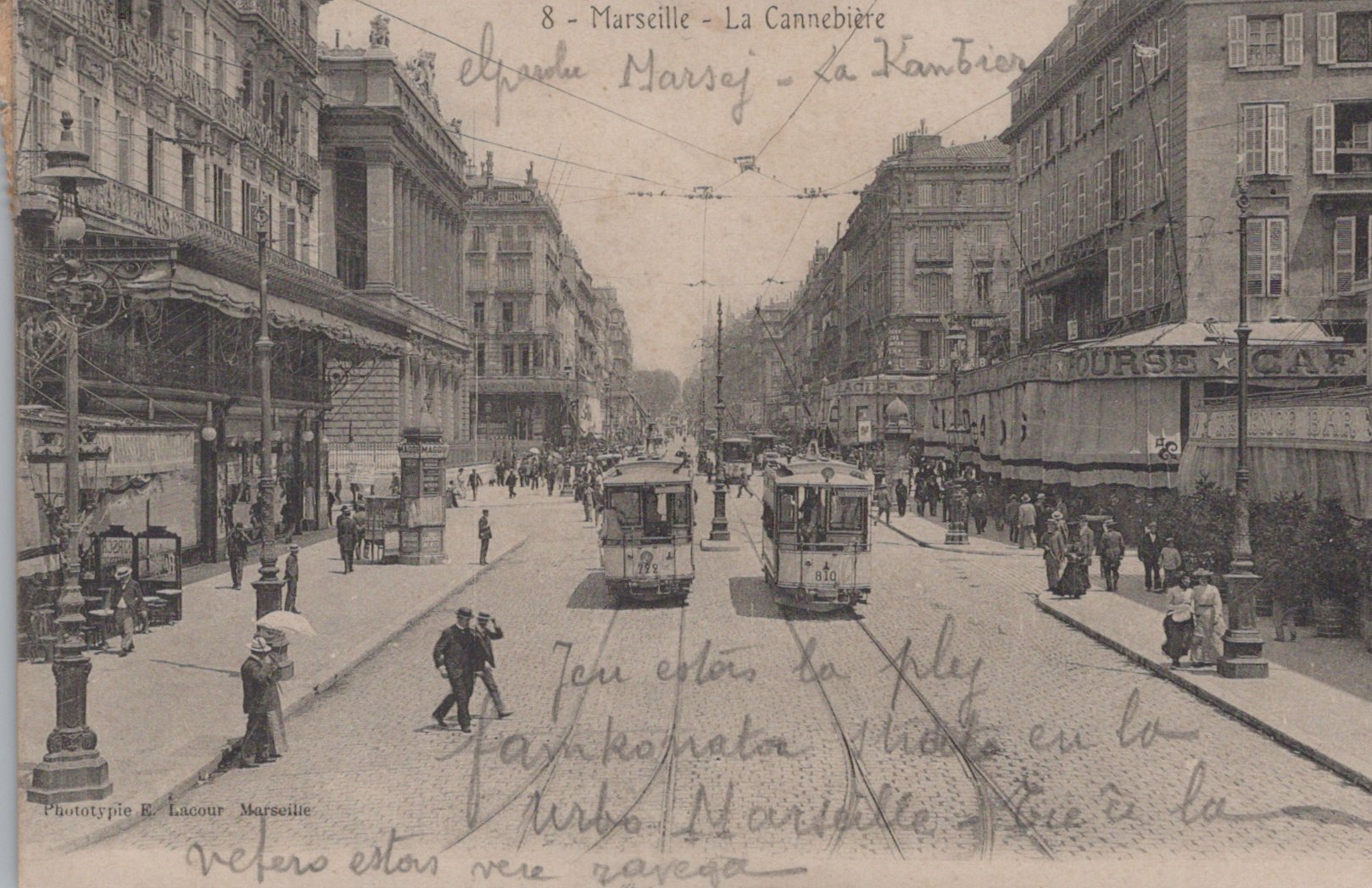Vintage street scene with trams and pedestrians in a city setting