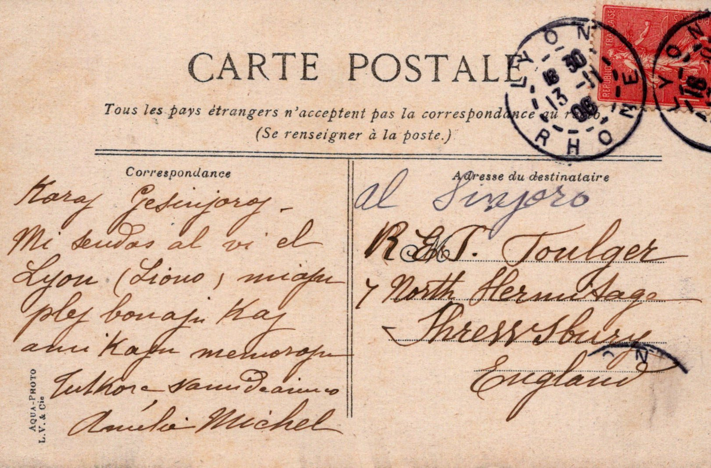 Vintage postcard with French text, stamps, and a red stamp on the top right corner.