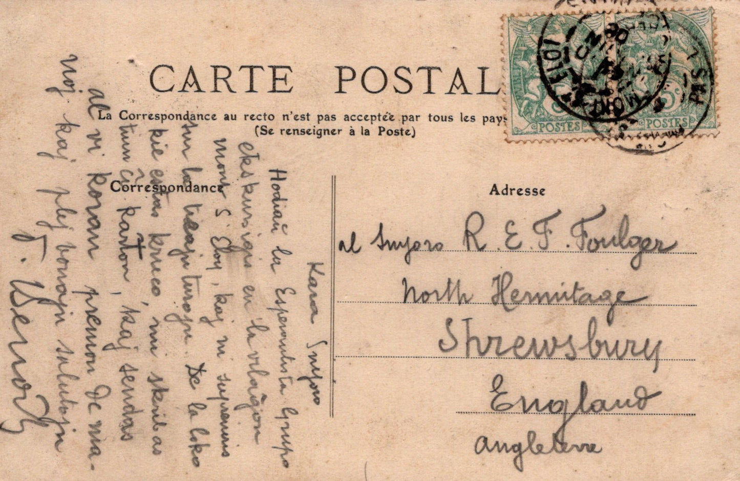 Vintage postcard with text and postage stamp, addressed to Shrewsbury, England