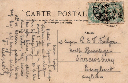 Vintage postcard with text and postage stamp, addressed to Shrewsbury, England