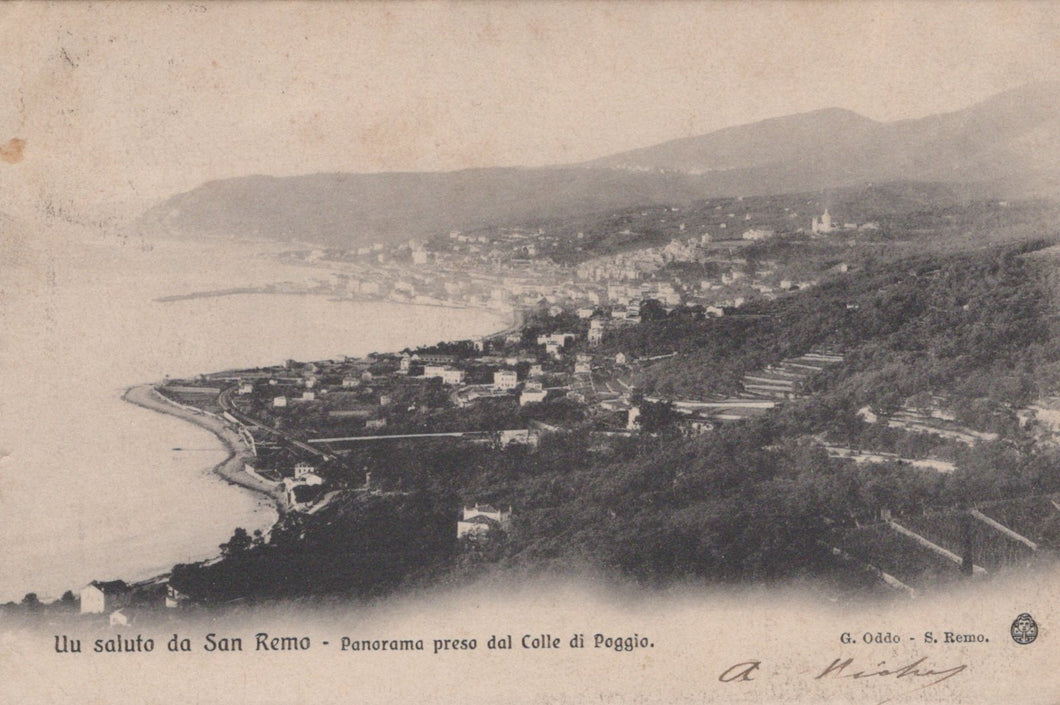 Vintage panoramic view of San Remo from Colle di Poggio, Italy.