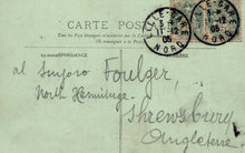 Load image into Gallery viewer, Vintage postcard with stamps and handwritten text on a light green background
