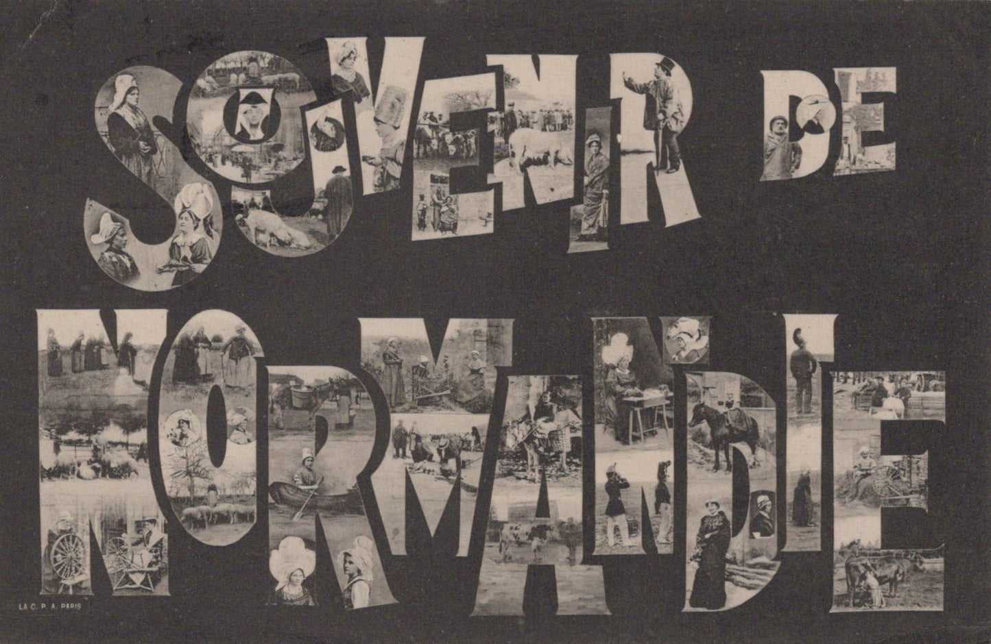 Vintage-style collage with text 'Souvenir de Normandie' and small images inside each letter on a dark background.