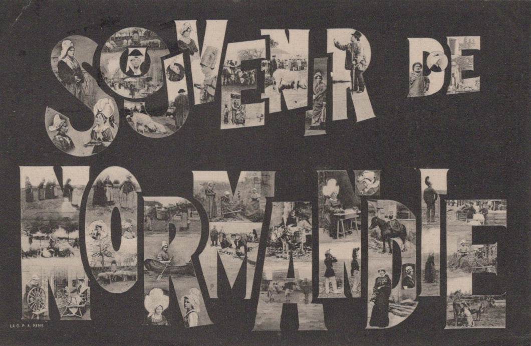 Vintage-style collage with text 'Souvenir de Normandie' and small images inside each letter on a dark background.