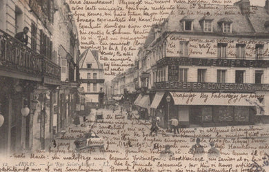 Vintage street scene with handwritten text overlay