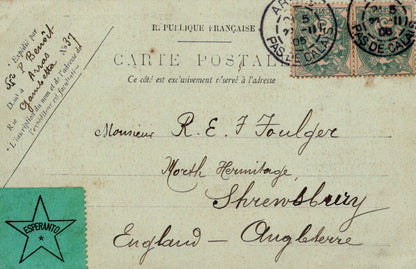 Vintage French postcard with stamps and text, featuring the word 'ESPERANTO'.