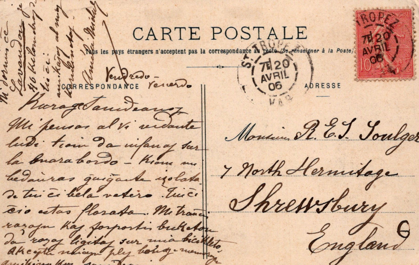 Vintage postcard with text and postage stamp, addressed to Shrewsbury, England