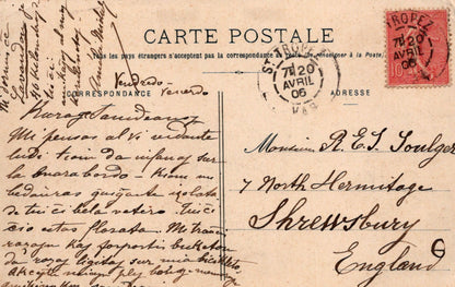 Vintage postcard with text and postage stamp, addressed to Shrewsbury, England