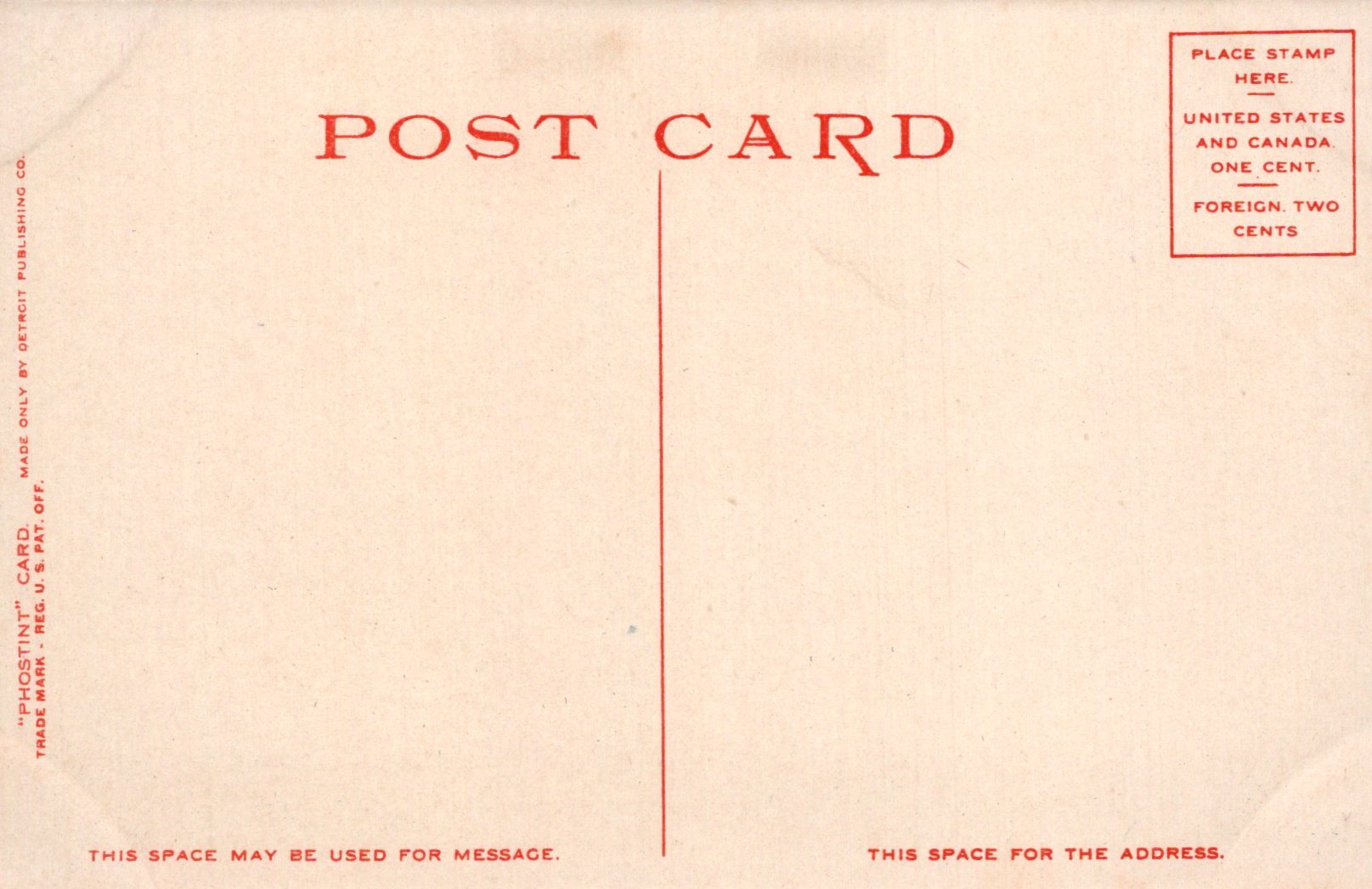 Back of a vintage postcard with red text on a beige background