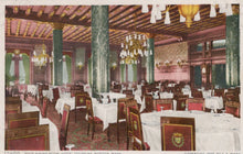 Load image into Gallery viewer, Vintage interior of a grand dining room with tables, chairs, and chandeliers.
