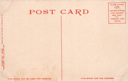 Vintage-style postcard with red text on a beige background
