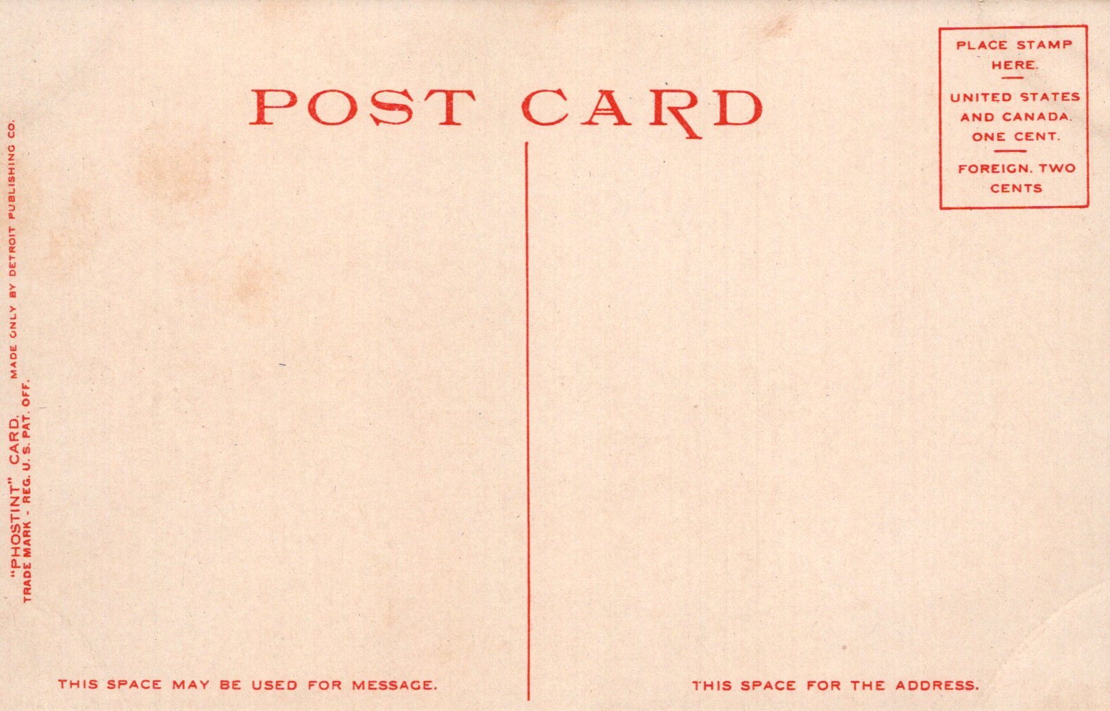 Vintage postcard with red text and stamp placeholder on beige background
