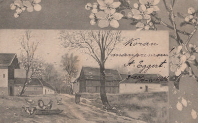 Vintage-style illustration of a rural scene with buildings and trees, overlaid with floral elements and text.