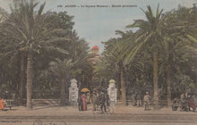 Load image into Gallery viewer, Vintage postcard of a square with palm trees and people in Algiers, Algeria.

