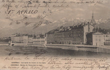Load image into Gallery viewer, Vintage black and white photograph of a cityscape with buildings and a river, featuring text and an illustration of a fish.
