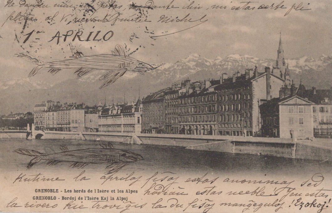 Vintage black and white photograph of a cityscape with buildings and a river, featuring text and an illustration of a fish.