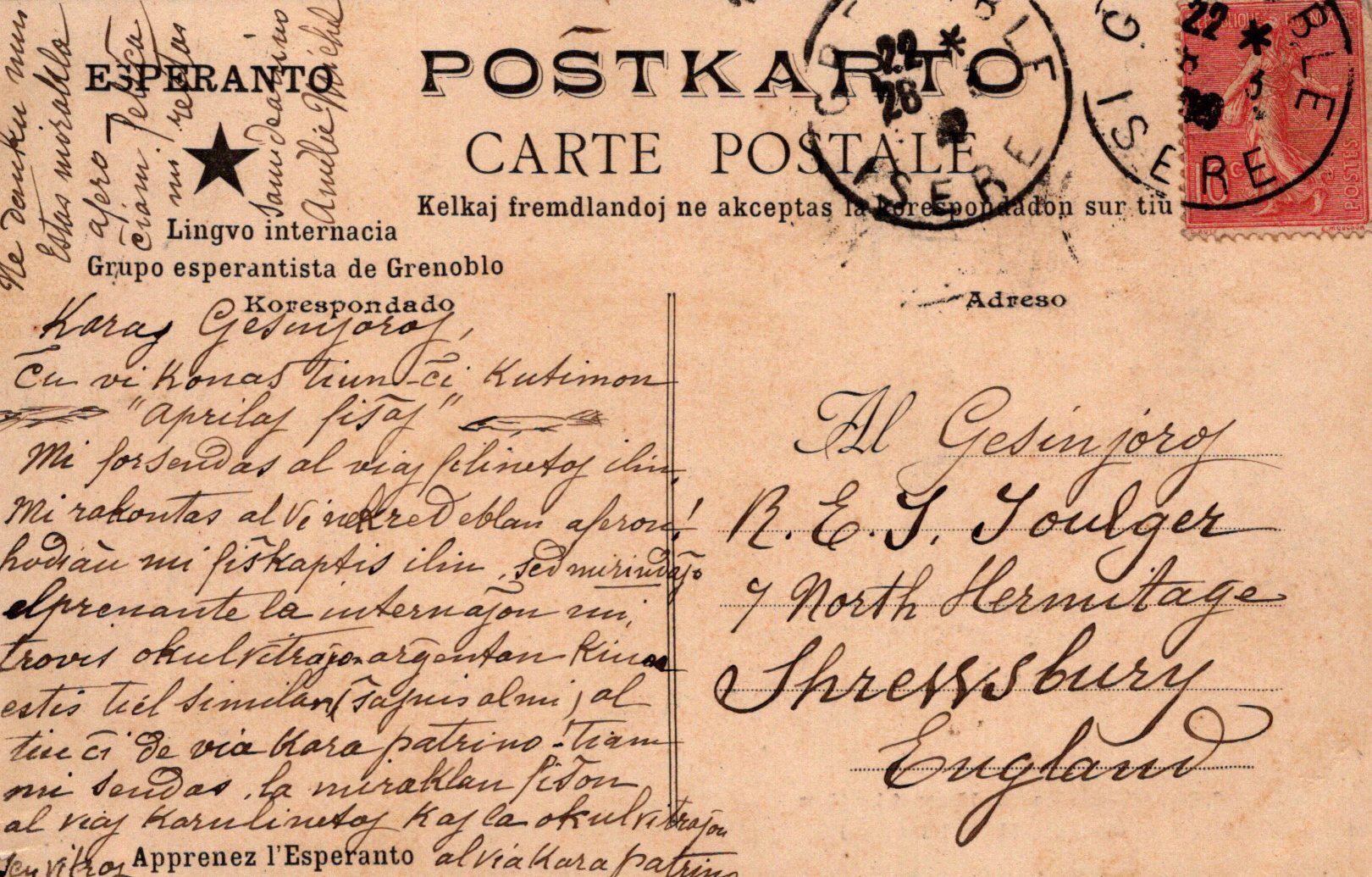 Vintage postcard with text and stamps, addressed to Shrewsbury, England