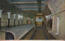 Load image into Gallery viewer, Vintage-style illustration of a subway station with a train and people waiting.
