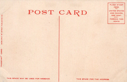 Vintage-style postcard with red text and border on beige background